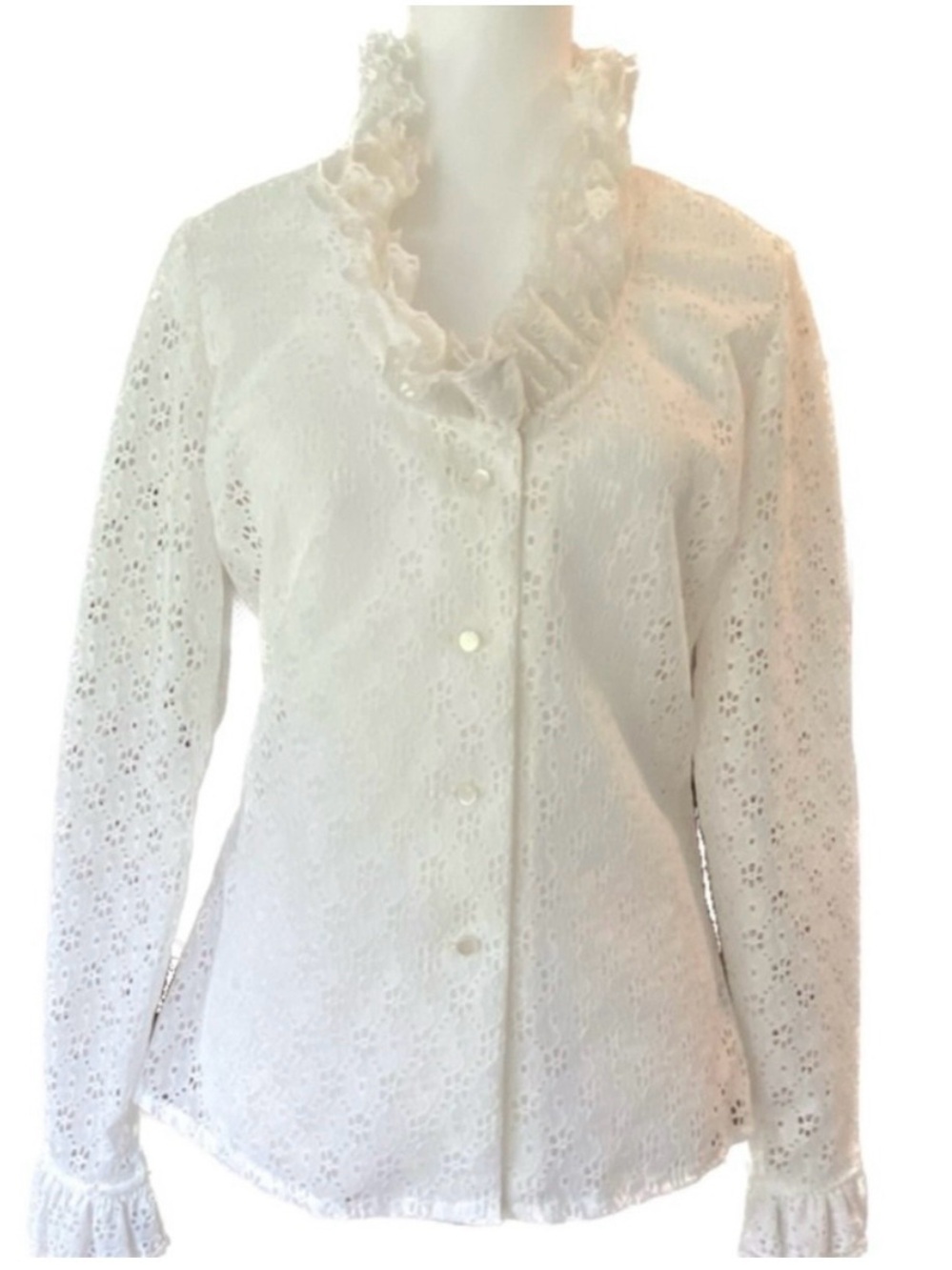 Vintage Saks Fifth Avenue White Lace Ruffle Blouse Top Women’s M Cottagecore